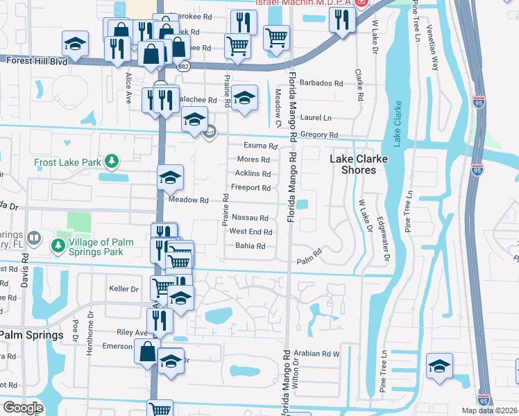 map of restaurants, bars, coffee shops, grocery stores, and more near 2622 Meadow Road in West Palm Beach