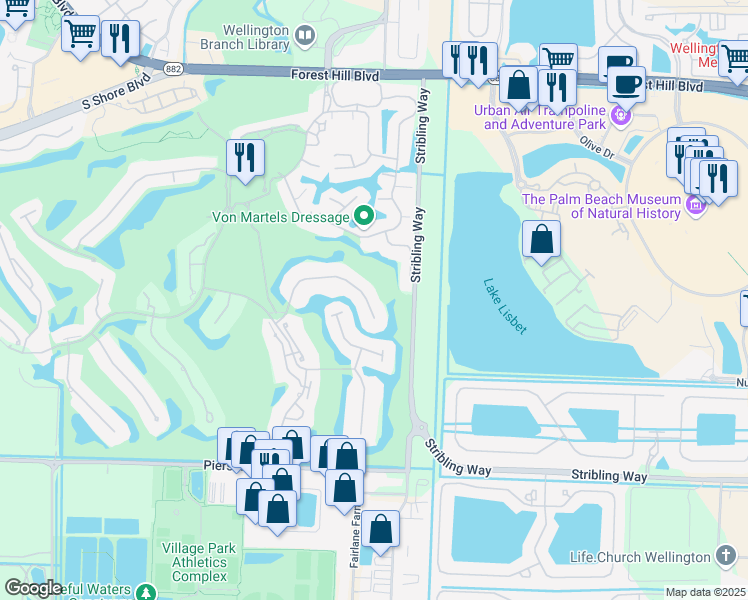 map of restaurants, bars, coffee shops, grocery stores, and more near 2313 Golf Brook Drive in Wellington