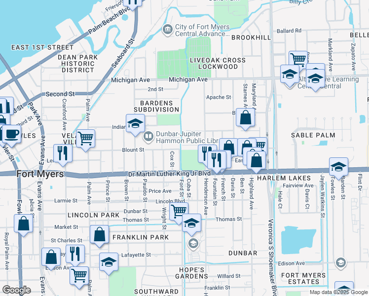 map of restaurants, bars, coffee shops, grocery stores, and more near 3240 Dale Street in Fort Myers