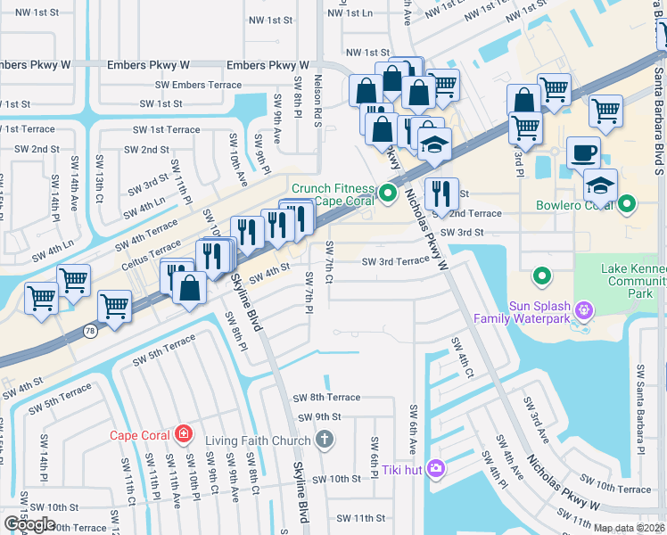 map of restaurants, bars, coffee shops, grocery stores, and more near 720 Southwest 3rd Terrace in Cape Coral