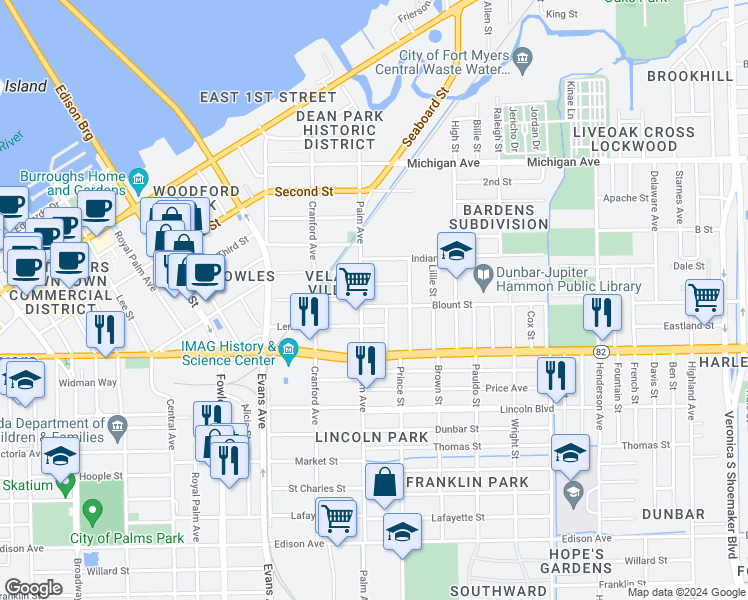 map of restaurants, bars, coffee shops, grocery stores, and more near 2817 Blount Street in Fort Myers