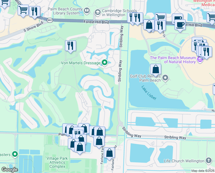 map of restaurants, bars, coffee shops, grocery stores, and more near 2313 Golf Brook Drive in Wellington