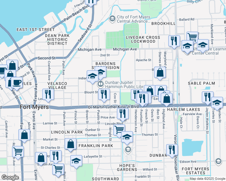 map of restaurants, bars, coffee shops, grocery stores, and more near 3135 Blount Street in Fort Myers