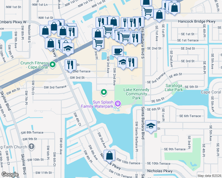 map of restaurants, bars, coffee shops, grocery stores, and more near 263 Southwest 4th Street in Cape Coral