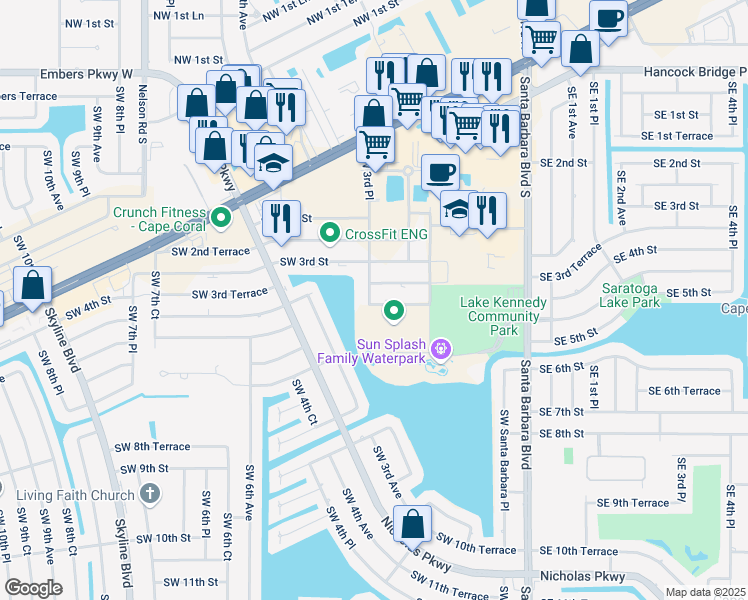 map of restaurants, bars, coffee shops, grocery stores, and more near 285 Southwest 4th Street in Cape Coral