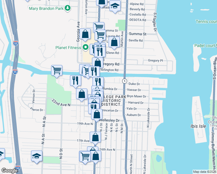 map of restaurants, bars, coffee shops, grocery stores, and more near 314 Columbia Drive in Lake Worth