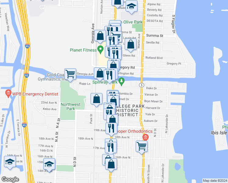 map of restaurants, bars, coffee shops, grocery stores, and more near in Lake Worth