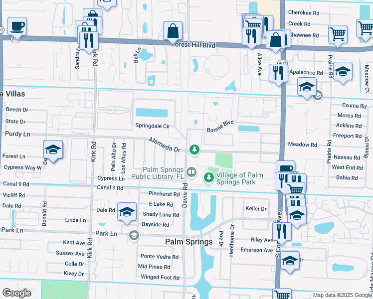 map of restaurants, bars, coffee shops, grocery stores, and more near 304 Alemeda Drive in Palm Springs