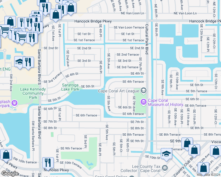map of restaurants, bars, coffee shops, grocery stores, and more near 512 Southeast 5th Avenue in Cape Coral