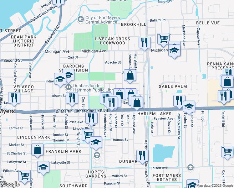 map of restaurants, bars, coffee shops, grocery stores, and more near 1897 French Street in Fort Myers