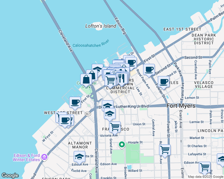 map of restaurants, bars, coffee shops, grocery stores, and more near 1520 Broadway in Fort Myers