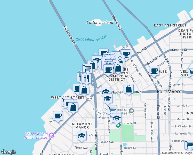 map of restaurants, bars, coffee shops, grocery stores, and more near 415 Cleveland Avenue in Fort Myers