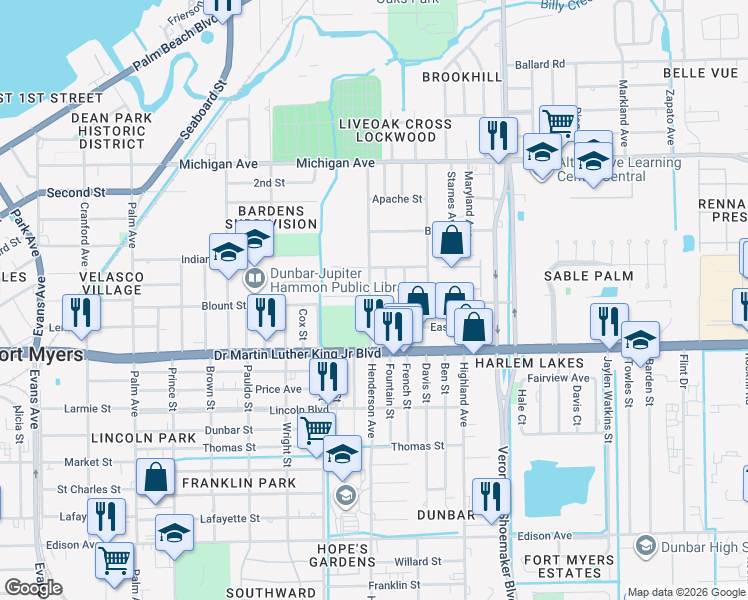 map of restaurants, bars, coffee shops, grocery stores, and more near 1855 Henderson Avenue in Fort Myers