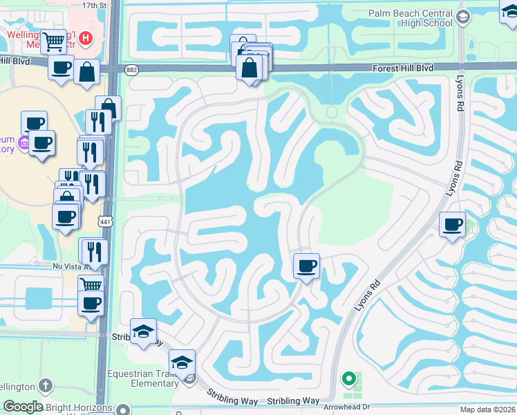 map of restaurants, bars, coffee shops, grocery stores, and more near 2520 Cooper Way in Wellington