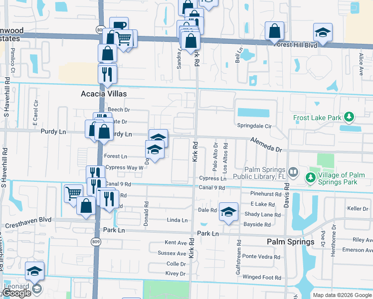 map of restaurants, bars, coffee shops, grocery stores, and more near 100 Village Green Circle East in Palm Springs