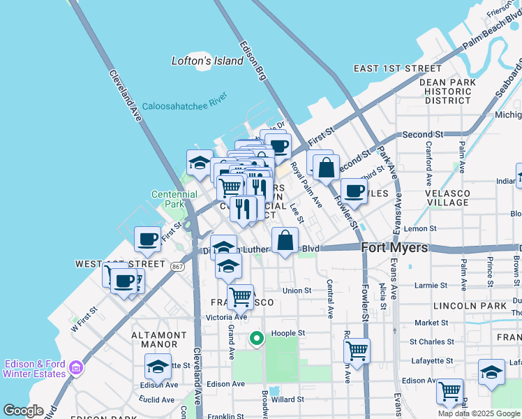 map of restaurants, bars, coffee shops, grocery stores, and more near in Fort Myers