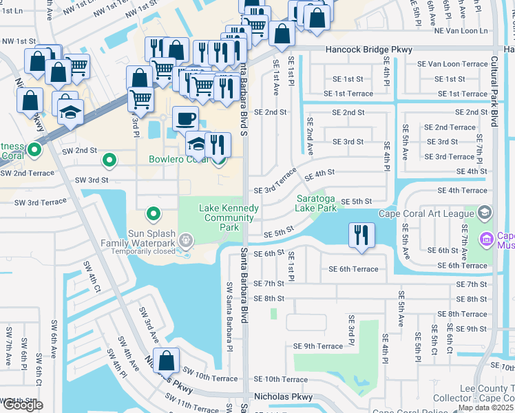 map of restaurants, bars, coffee shops, grocery stores, and more near 324 Southeast Santa Barbara Place in Cape Coral