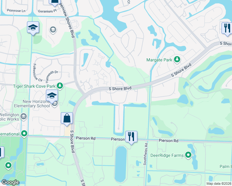 map of restaurants, bars, coffee shops, grocery stores, and more near 13200 South Shore Boulevard in Wellington