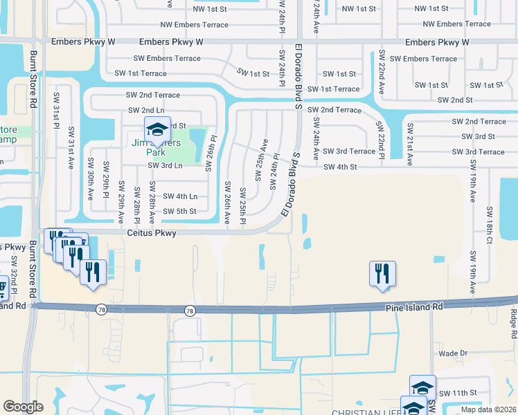 map of restaurants, bars, coffee shops, grocery stores, and more near 348 Southwest 24th Place in Cape Coral