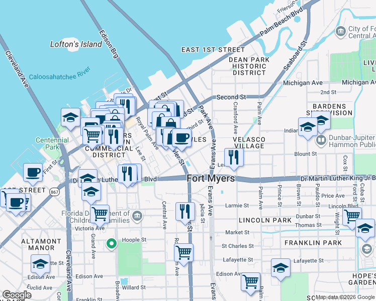 map of restaurants, bars, coffee shops, grocery stores, and more near 1815 Hough Street in Fort Myers