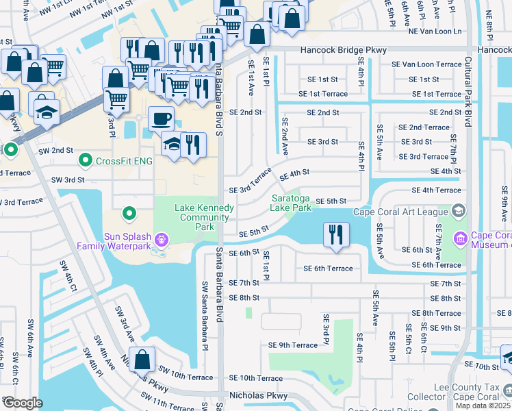 map of restaurants, bars, coffee shops, grocery stores, and more near 132 SE 4th St in Cape Coral
