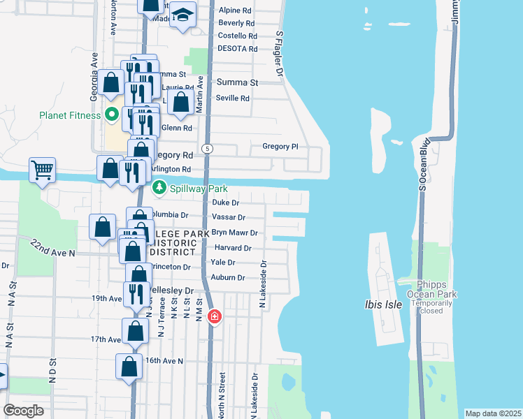 map of restaurants, bars, coffee shops, grocery stores, and more near 2415 North Lakeside Drive in Lake Worth
