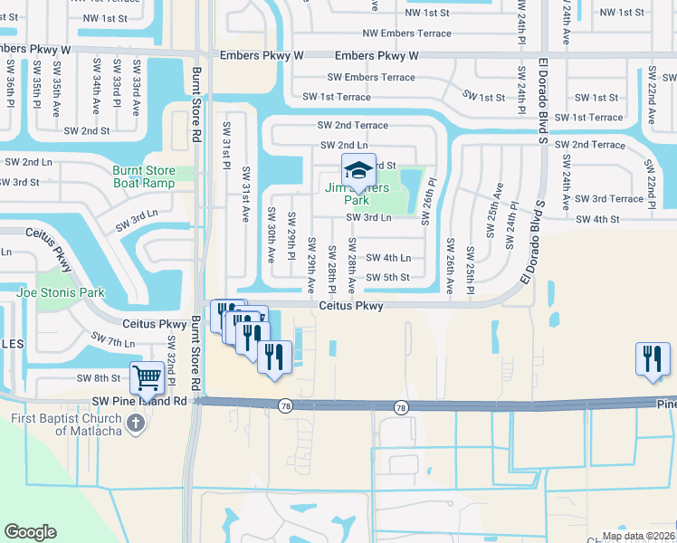 map of restaurants, bars, coffee shops, grocery stores, and more near 425 Southwest 28th Place in Cape Coral