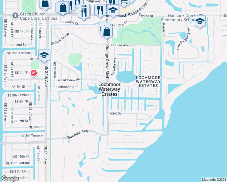 map of restaurants, bars, coffee shops, grocery stores, and more near in Lochmoor Waterway Estates