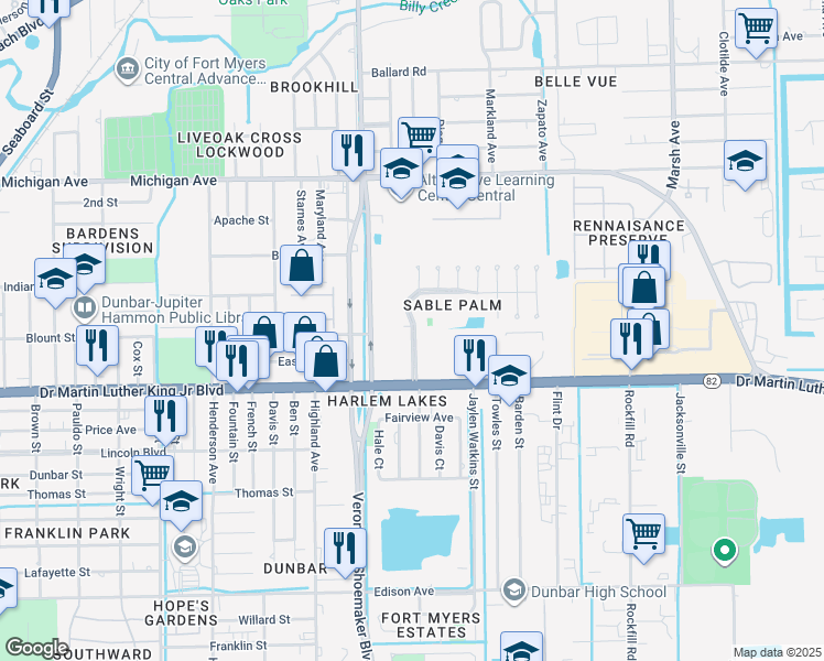 map of restaurants, bars, coffee shops, grocery stores, and more near 3706 Nelson Tillis Boulevard in Fort Myers
