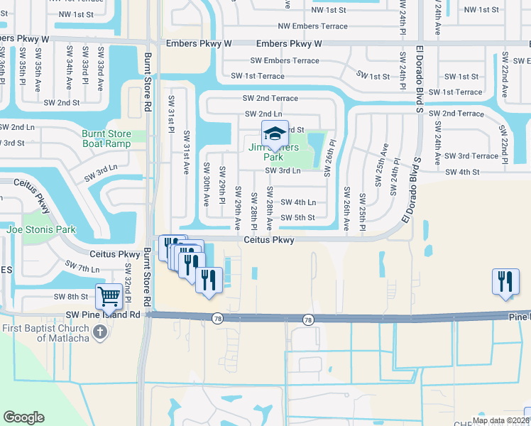 map of restaurants, bars, coffee shops, grocery stores, and more near 425 Southwest 28th Place in Cape Coral