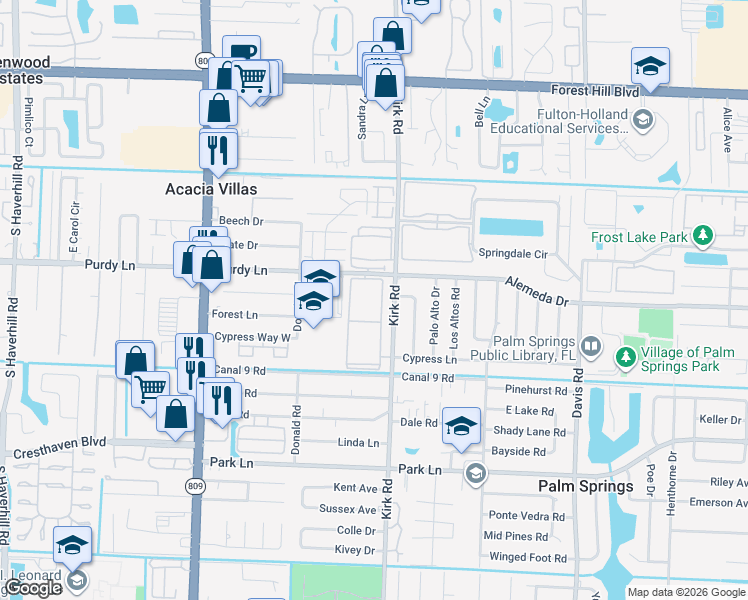 map of restaurants, bars, coffee shops, grocery stores, and more near 500 Village Green Circle West in Palm Springs