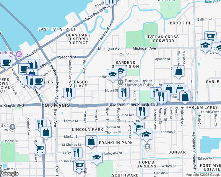map of restaurants, bars, coffee shops, grocery stores, and more near 1857 High Street in Fort Myers