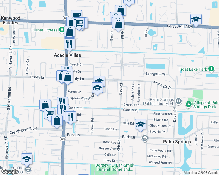 map of restaurants, bars, coffee shops, grocery stores, and more near 500 Village Green Circle West in Palm Springs