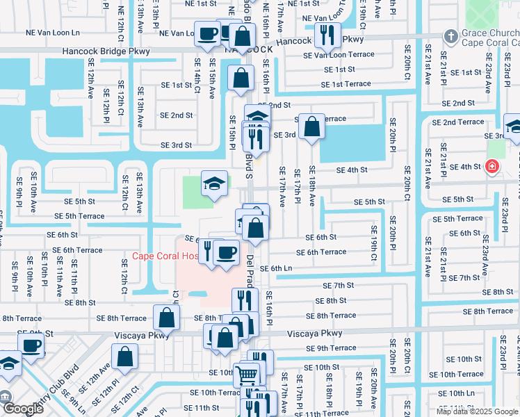map of restaurants, bars, coffee shops, grocery stores, and more near 507 Del Prado Boulevard South in Cape Coral