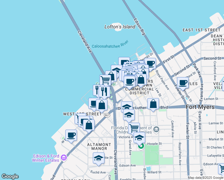 map of restaurants, bars, coffee shops, grocery stores, and more near 415 Cleveland Avenue in Fort Myers