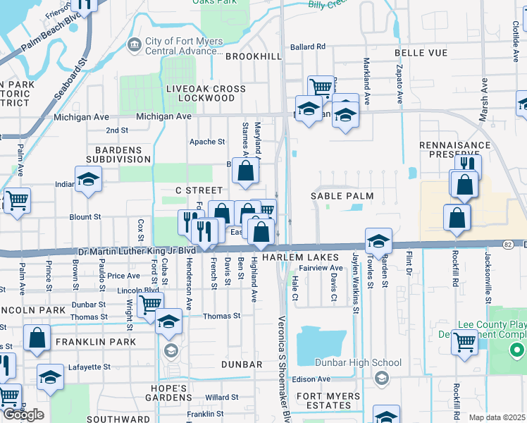 map of restaurants, bars, coffee shops, grocery stores, and more near 3505 Dale Street in Fort Myers