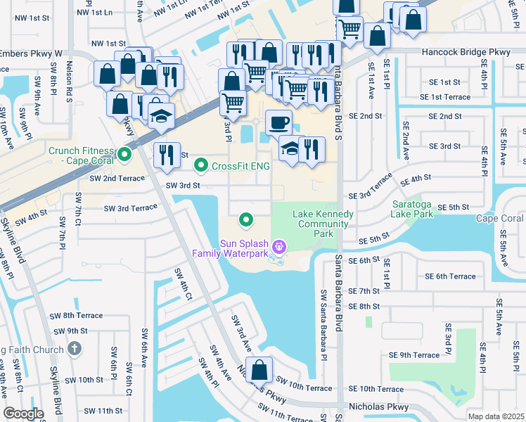 map of restaurants, bars, coffee shops, grocery stores, and more near 263 Southwest 4th Street in Cape Coral
