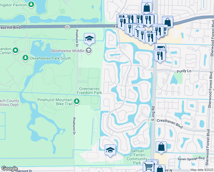 map of restaurants, bars, coffee shops, grocery stores, and more near 412 Trotters Lane in Greenacres