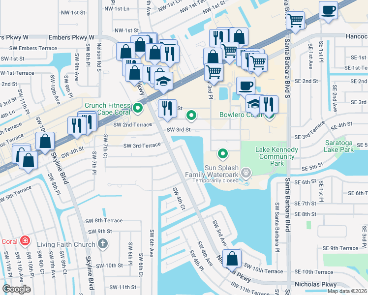 map of restaurants, bars, coffee shops, grocery stores, and more near 401 Southwest 3rd Court in Cape Coral