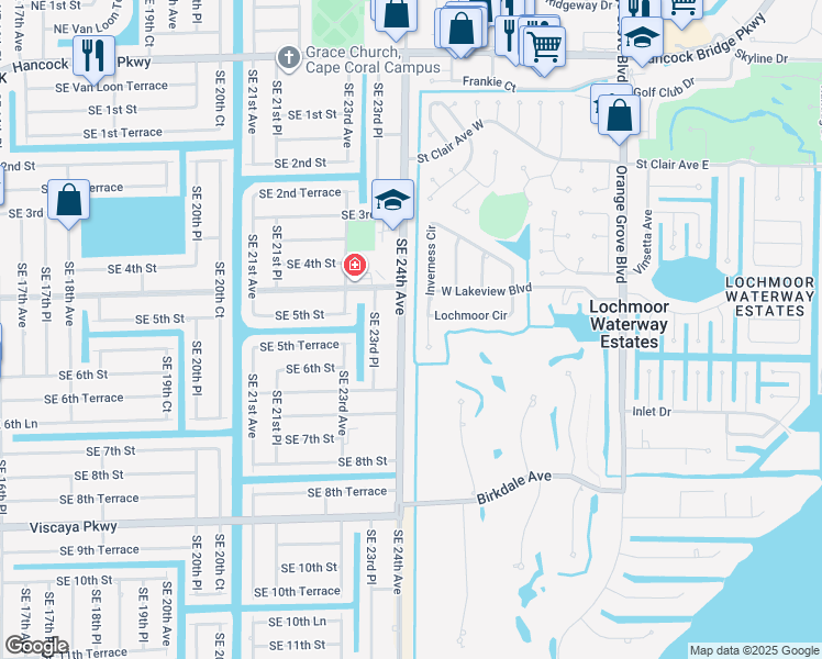 map of restaurants, bars, coffee shops, grocery stores, and more near in Cape Coral