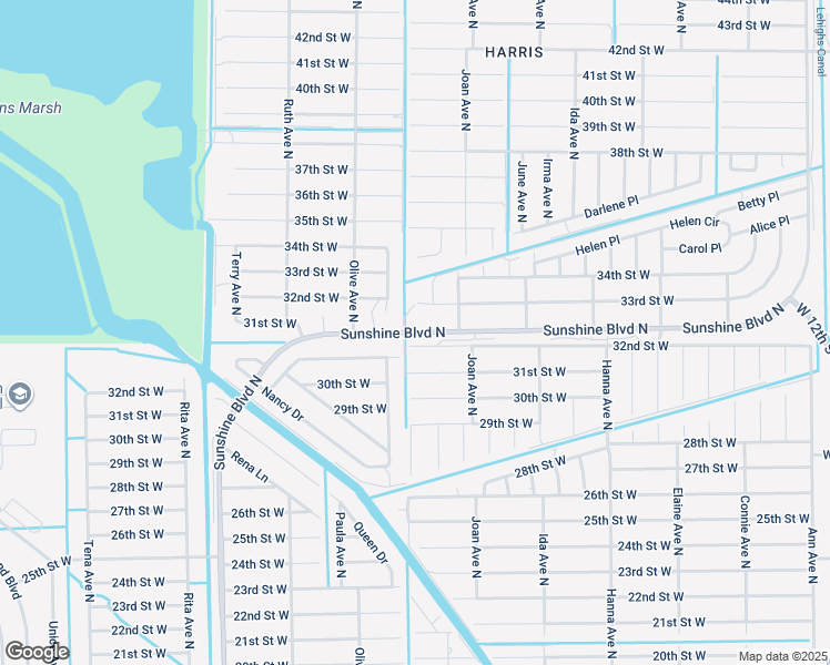 map of restaurants, bars, coffee shops, grocery stores, and more near Sunshine Boulevard North in Lehigh Acres