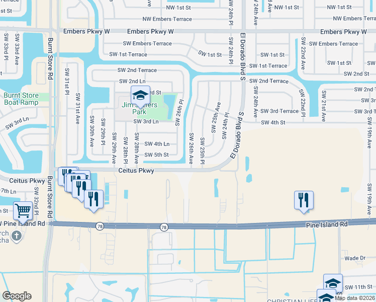 map of restaurants, bars, coffee shops, grocery stores, and more near 427 Southwest 26th Place in Cape Coral