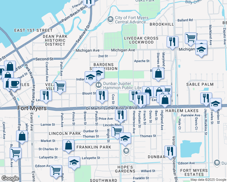 map of restaurants, bars, coffee shops, grocery stores, and more near 3145 Blount Street in Fort Myers