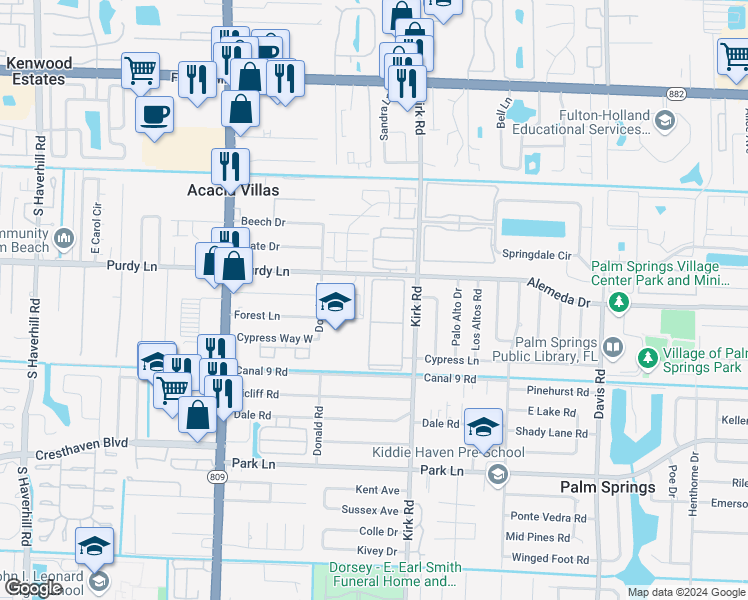 map of restaurants, bars, coffee shops, grocery stores, and more near 500 Village Green Circle West in Palm Springs