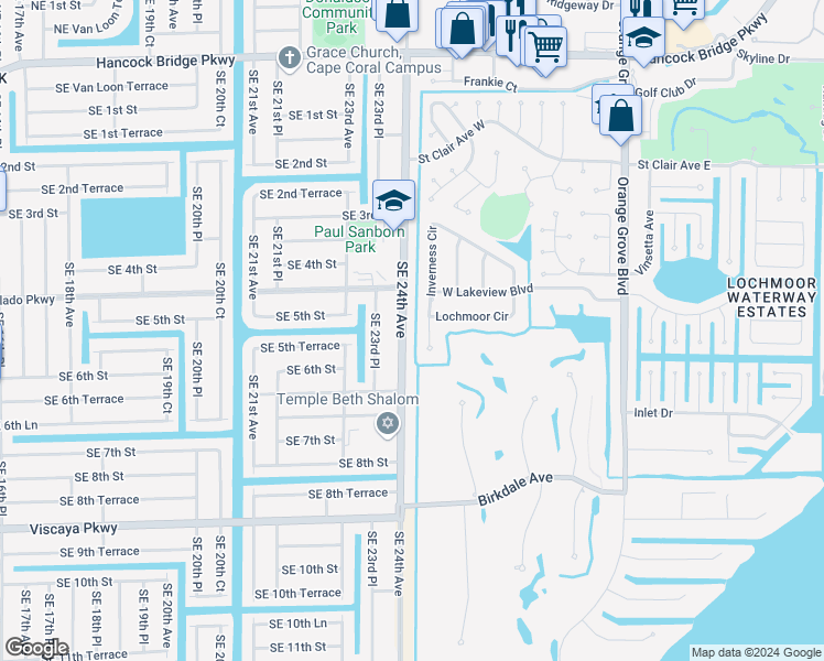 map of restaurants, bars, coffee shops, grocery stores, and more near in Cape Coral
