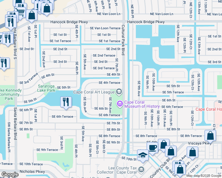 map of restaurants, bars, coffee shops, grocery stores, and more near 711 Southeast 5th Street in Cape Coral