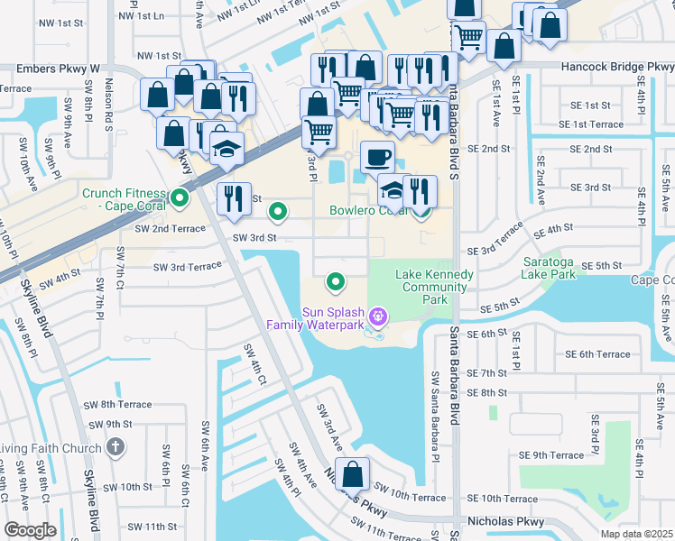 map of restaurants, bars, coffee shops, grocery stores, and more near 263 Southwest 4th Street in Cape Coral