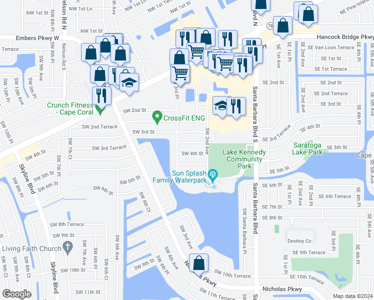map of restaurants, bars, coffee shops, grocery stores, and more near 263 Southwest 4th Street in Cape Coral