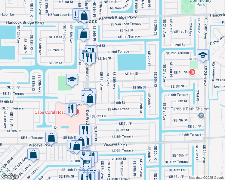 map of restaurants, bars, coffee shops, grocery stores, and more near 506 Southeast 18th Avenue in Cape Coral