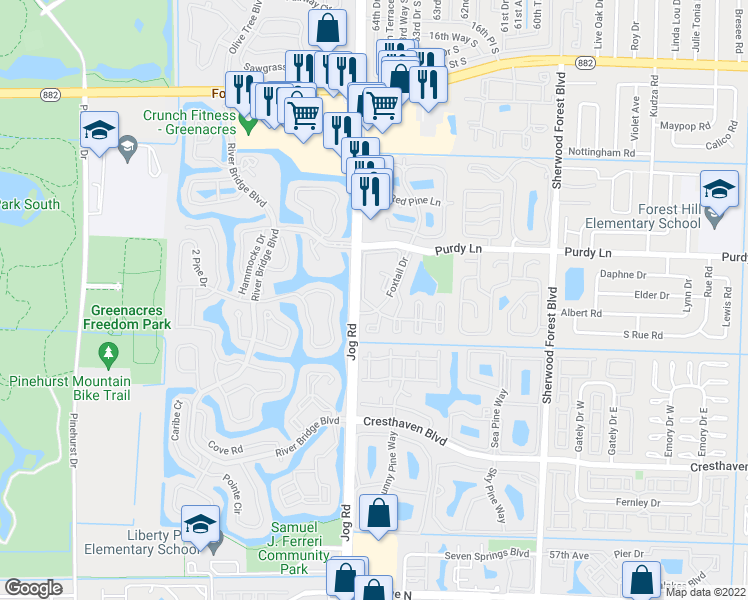 map of restaurants, bars, coffee shops, grocery stores, and more near 206 Foxtail Drive in Greenacres